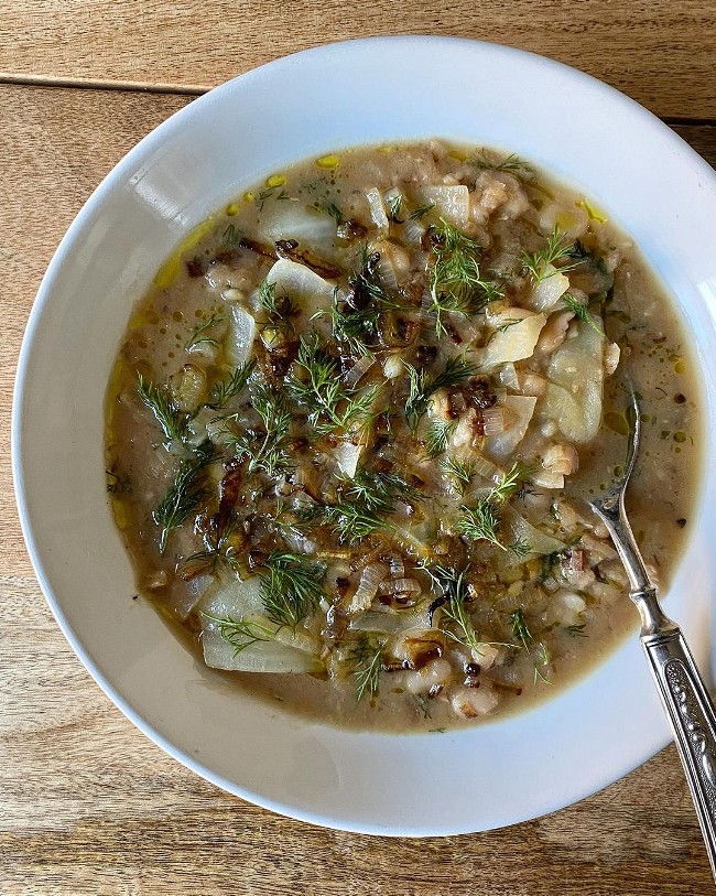 Image of Dilly Bean Stew with Cabbage + Frizzled Onions