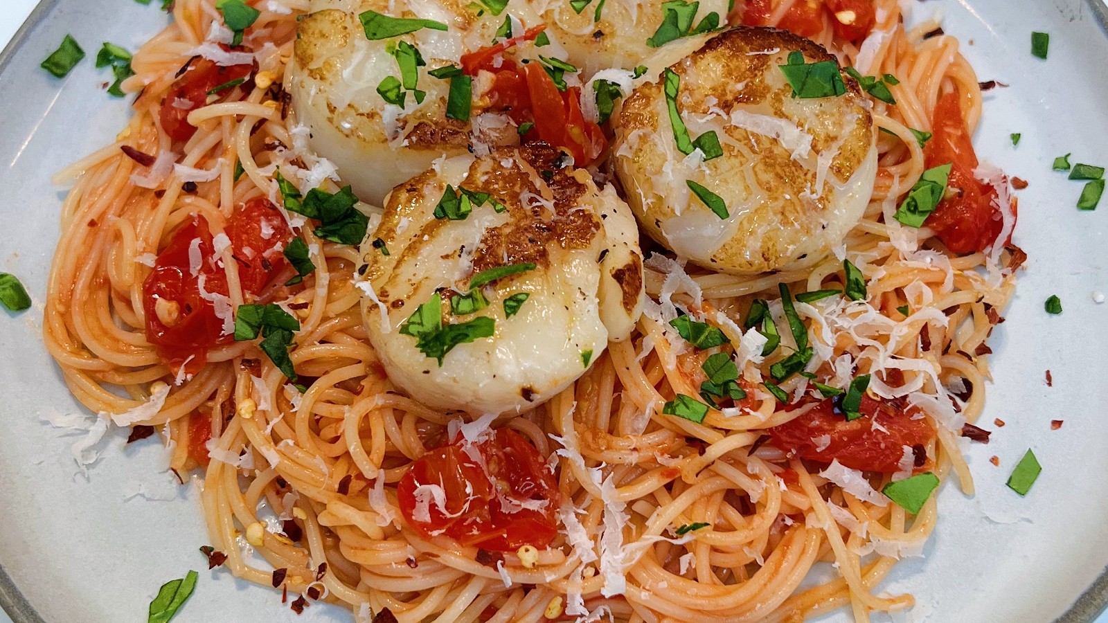 Image of Seared Scallop Pasta with Burst Tomatoes and Parsley