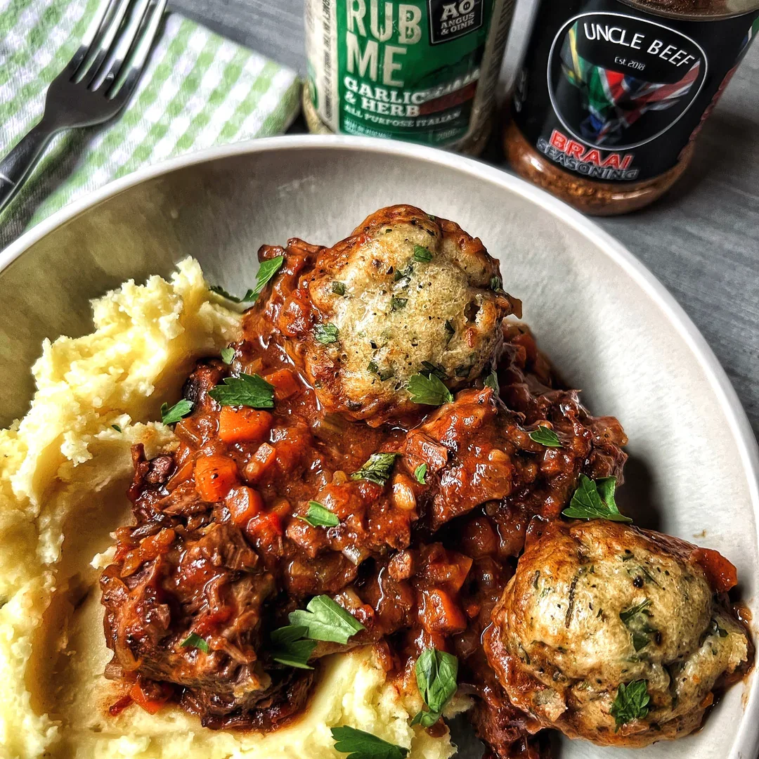 Slow Cooked Beef Shin with Fluffy Garlic u0026 Herb Dumplings