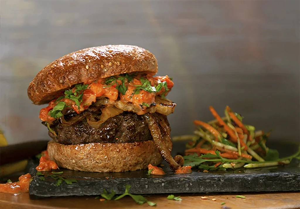 Jamaican Jerk Burger with Grilled Pineapple and Harissa Mayonnaise