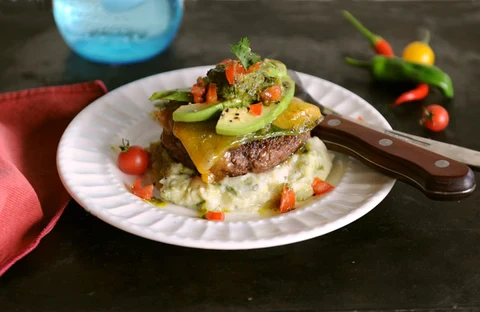 Image of Green Chili Cheese Keto Burger with Cilantro Lime Butter & Pureed Cauliflower
