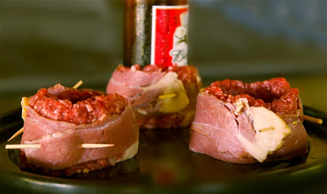 Image of Beer Bottle Bacon Wrapped Stuffed Buffalo Burgers