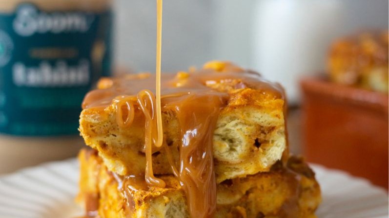 Image of Pumpkin Bread Pudding with Tahini Caramel Sauce