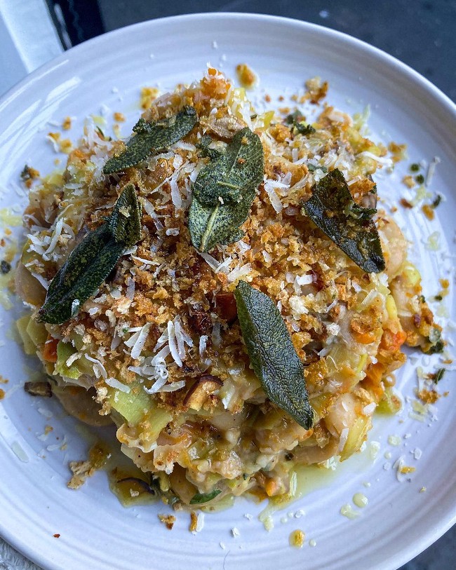 Image of Butternut Squash, Leek + Butter Bean Gratin with a Crispy Sage + Chestnut Crumb