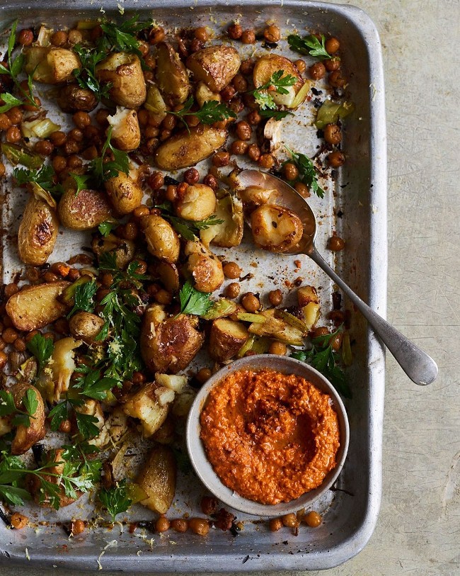 Image of Potato, Leek + Chickpea Traybake with Quick Romesco