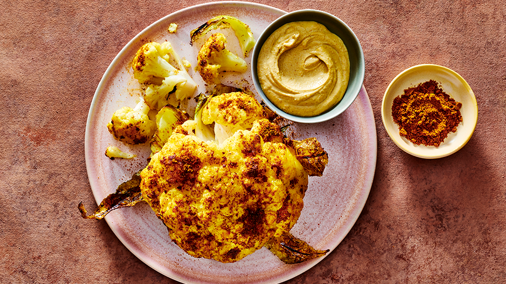 Image of Whole Roasted Cauliflower with Curry Tahini Sauce