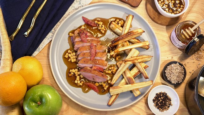 Image of Crispy Skin Duck a l'Orange with Roasted Parsnips