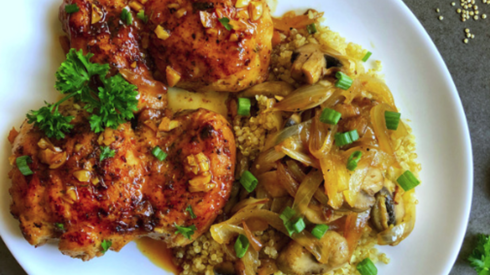 Image of Honey Garlic Chicken over Mushroom and Onion Quinoa