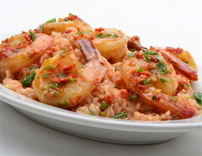 Image of Garlic Chile Butter Sautéed Shrimp with Salsa Casera Rice