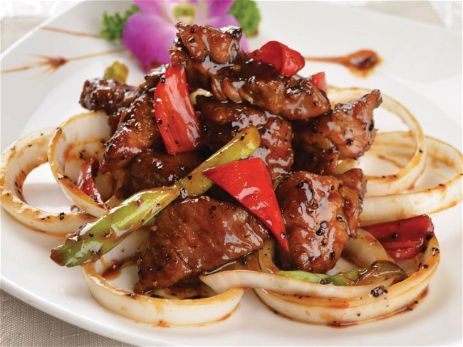 Image of Peppered Beef Tenderloin with Peppers and Onions
