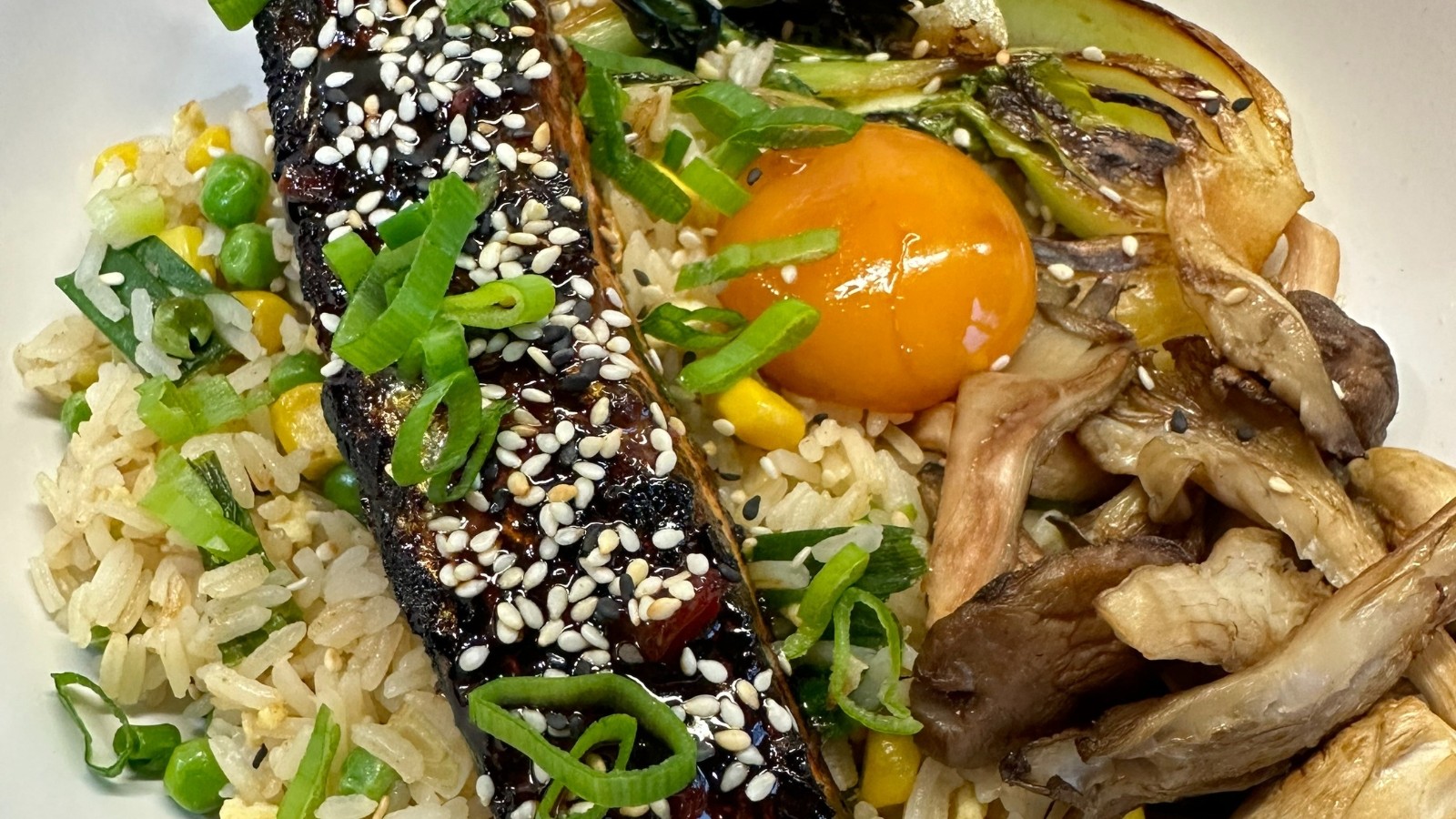 Image of Honey, Chilli & Lime Salmon, Egg Fried Rice, Pak Choi, Soy Cured Egg