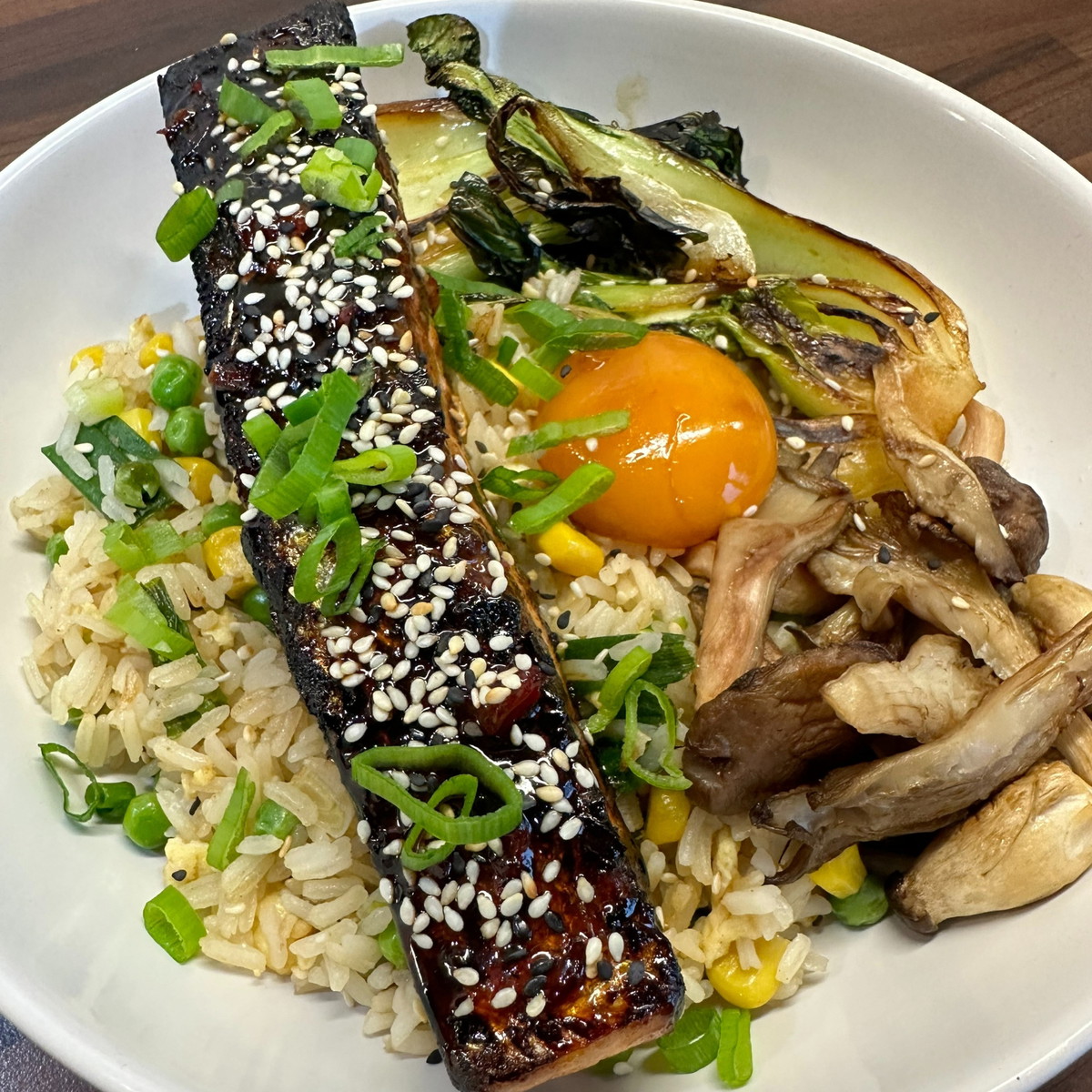 Honey, Chilli & Lime Salmon, Egg Fried Rice, Pak Choi, Soy Cured Egg