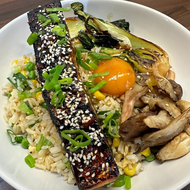 Image of Honey, Chilli & Lime Salmon, Egg Fried Rice, Pak Choi, Soy Cured Egg