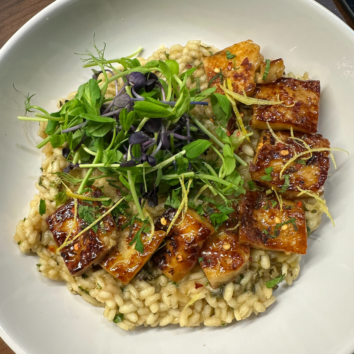 Hot honey halloumi with lemon/herb risotto 