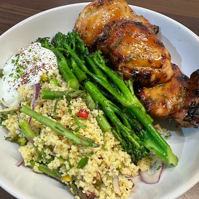 Image of Sticky honey-lime chicken with herby, pistachio couscous