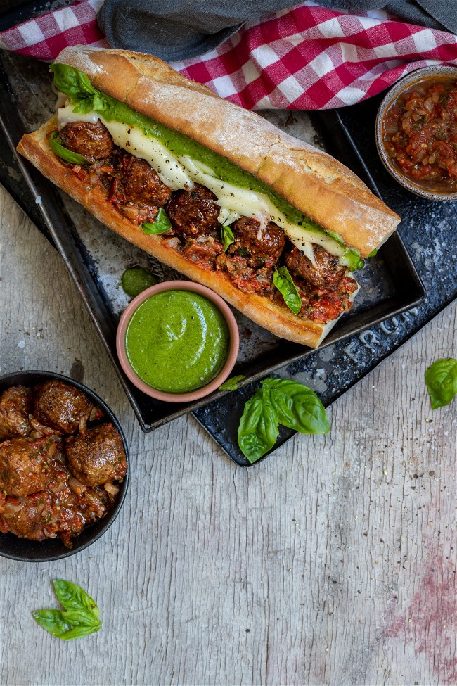 Image of Italian Meatball Sub with Spinach & Walnut Pesto by Fry's Family Food