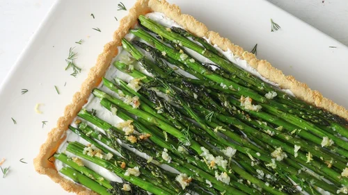 Image of Roasted asparagus, dill labneh tart 