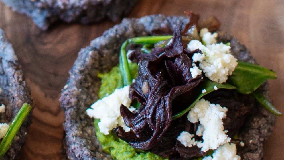 Image of Spinach, Jamaica, and Caramelized Onion Sopes with Avocado Crema by Kate Ramos