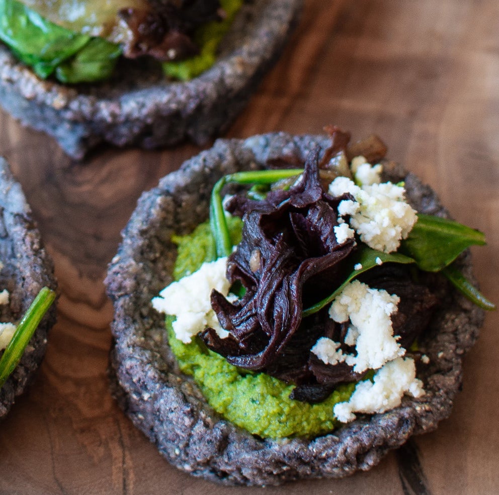 Spinach, Jamaica, and Caramelized Onion Sopes with Avocado Crema by Kate Ramos