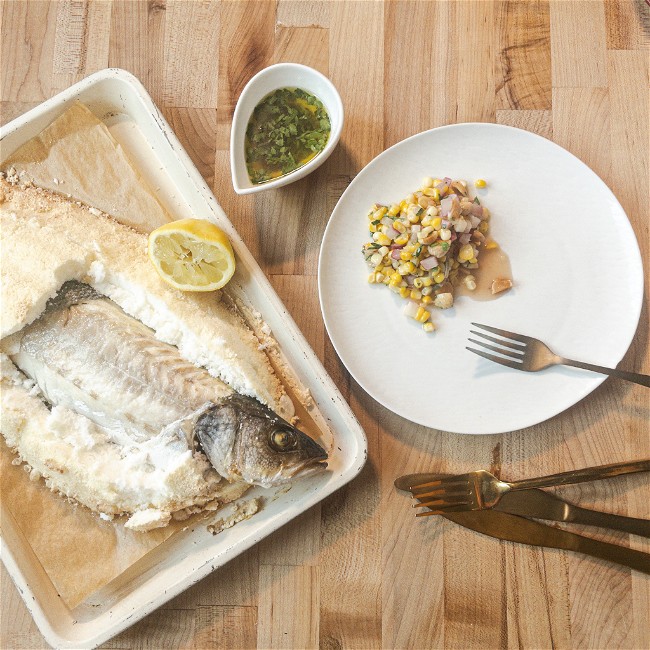 Image of Salt-Baked Whole Branzino with Fresh Corn Ragout