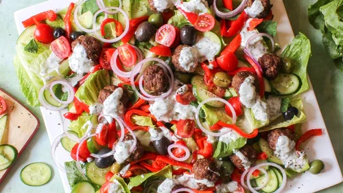 Image of Greek lamb meatball salad with mint yogurt dressing