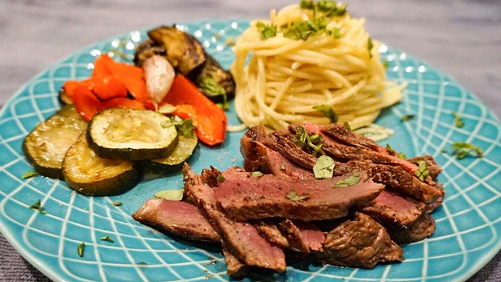 Image of Rump Steak Stacks with Spaghetti Nests and Roasted Veggies