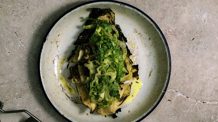 Image of Charred Savoy Cabbage, Caesar Dressing, Peppery Salad and Smoked Pancetta