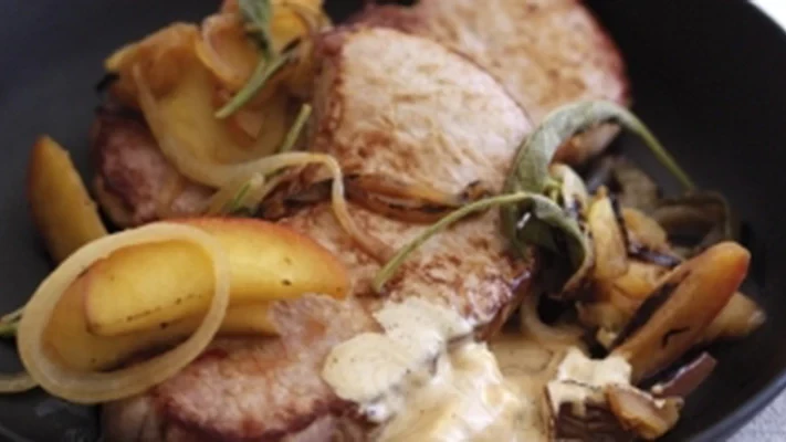 Image of Pork Steaks Pan Cooked with Apples, Sage and White Wine Recipe