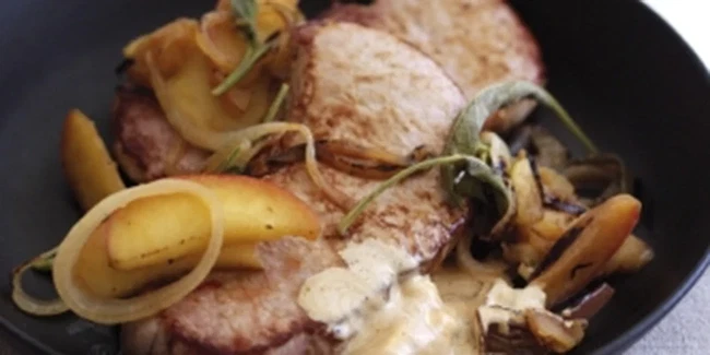 Image of Pork Steaks Pan Cooked with Apples, Sage and White Wine Recipe