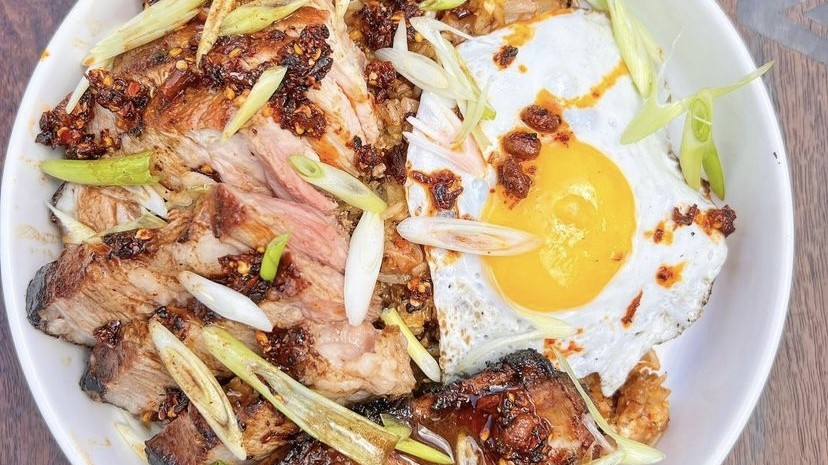Image of Reverse Smoked/Seared Double Rack Pork Chops with Kimchi Fried Rice