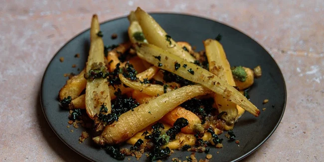 Image of Roasted Carrots, Squash Puree, Walnuts and Crispy Curly Kale