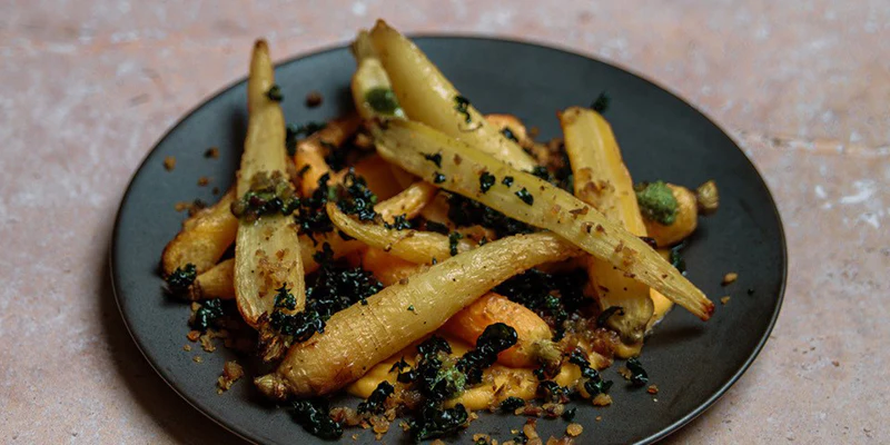 Roasted Carrots, Squash Puree, Walnuts and Crispy Curly Kale