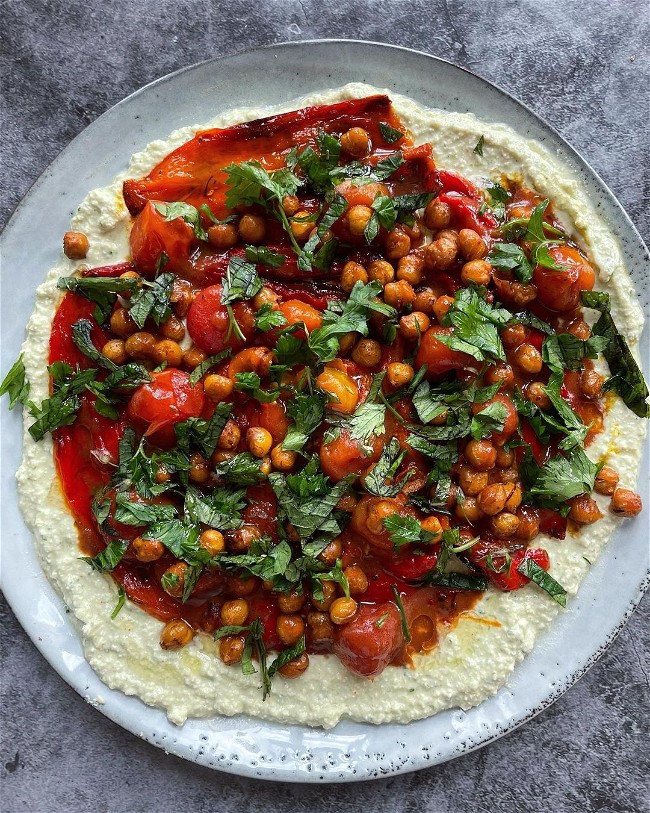 Image of Whipped Feta with Roasted Peppers + Tomatoes and Crispy Chickpeas