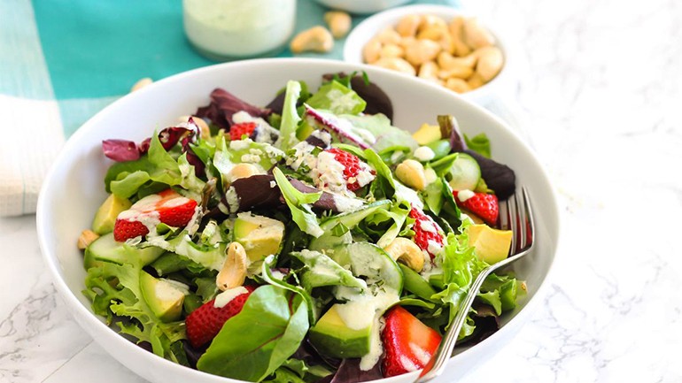 Image of Strawberry Avocado Salad with Hemp Tahini Dressing Recipe