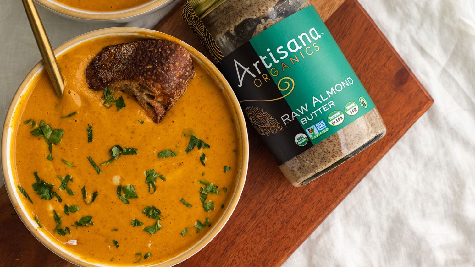Image of Roasted Red Pepper Sweet Potato Soup with Almond Butter | Vegan, Gluten-Free, Whole30