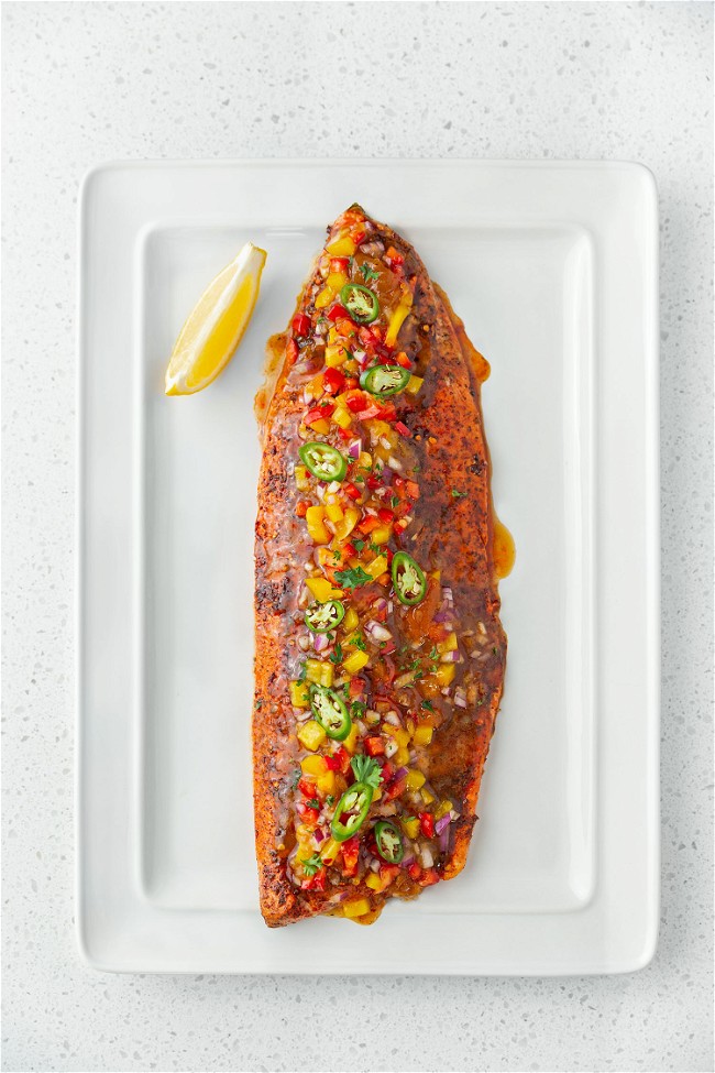 Image of Blackened Salmon with Boozy Bourbon Peach Glaze