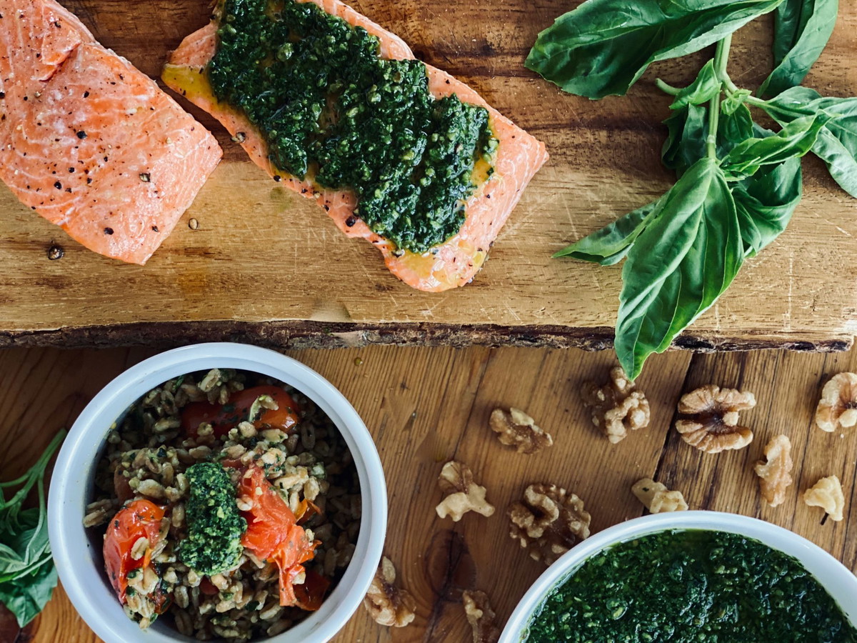 Kale Basil Pesto with Salmon and Farro Salad