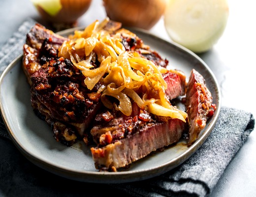 Image of Maple Bacon Crusted Rib Eye Steaks with Caramelized Perfect Sweet Onions
