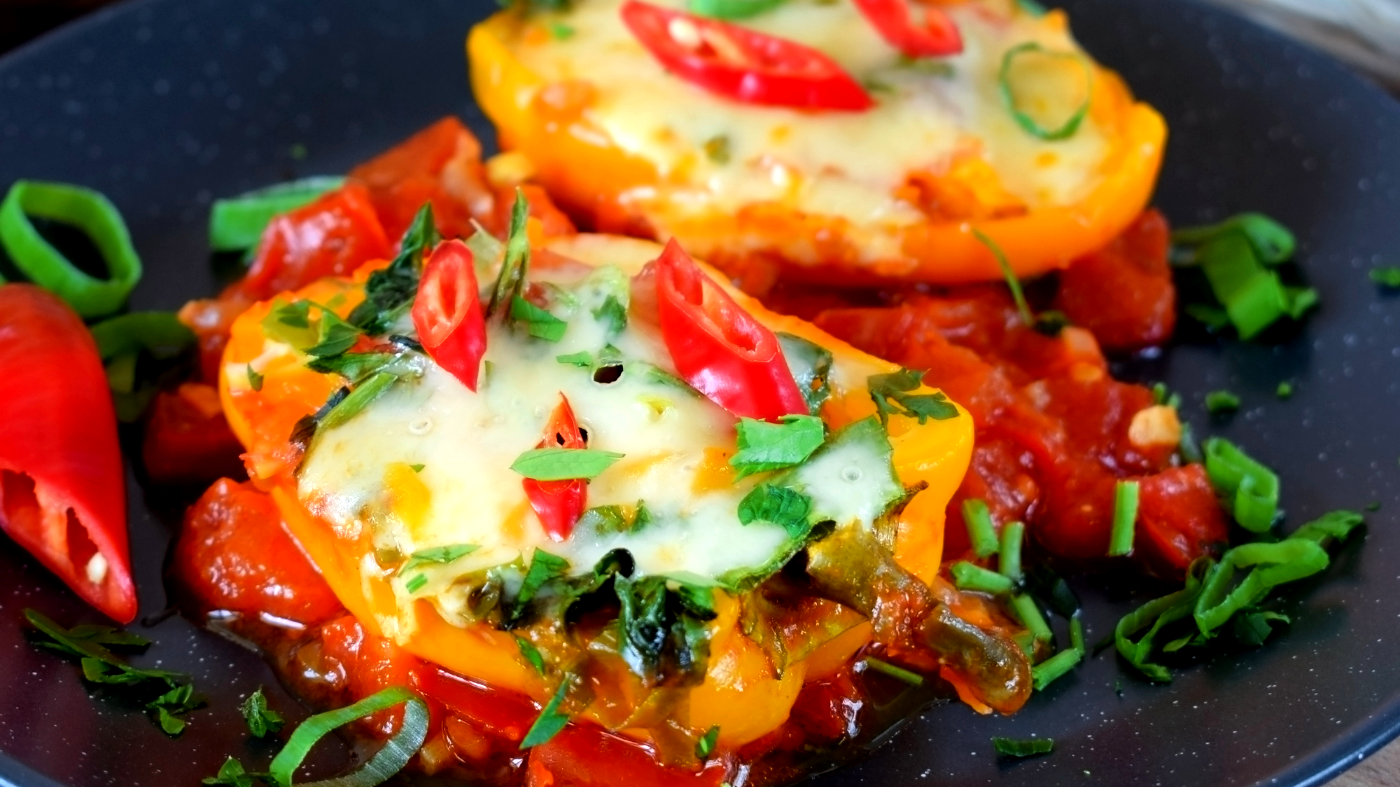 Image of Baked peppers with halloumi and chili