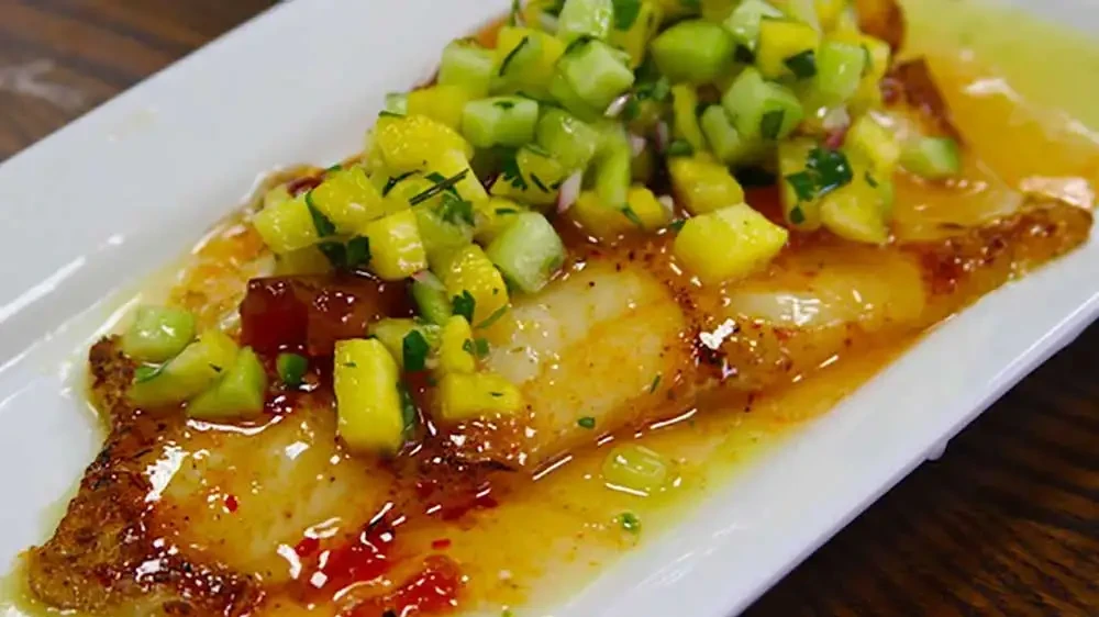 Image of Halibut with Peach Glaze and Pineapple-Cucumber Salsa