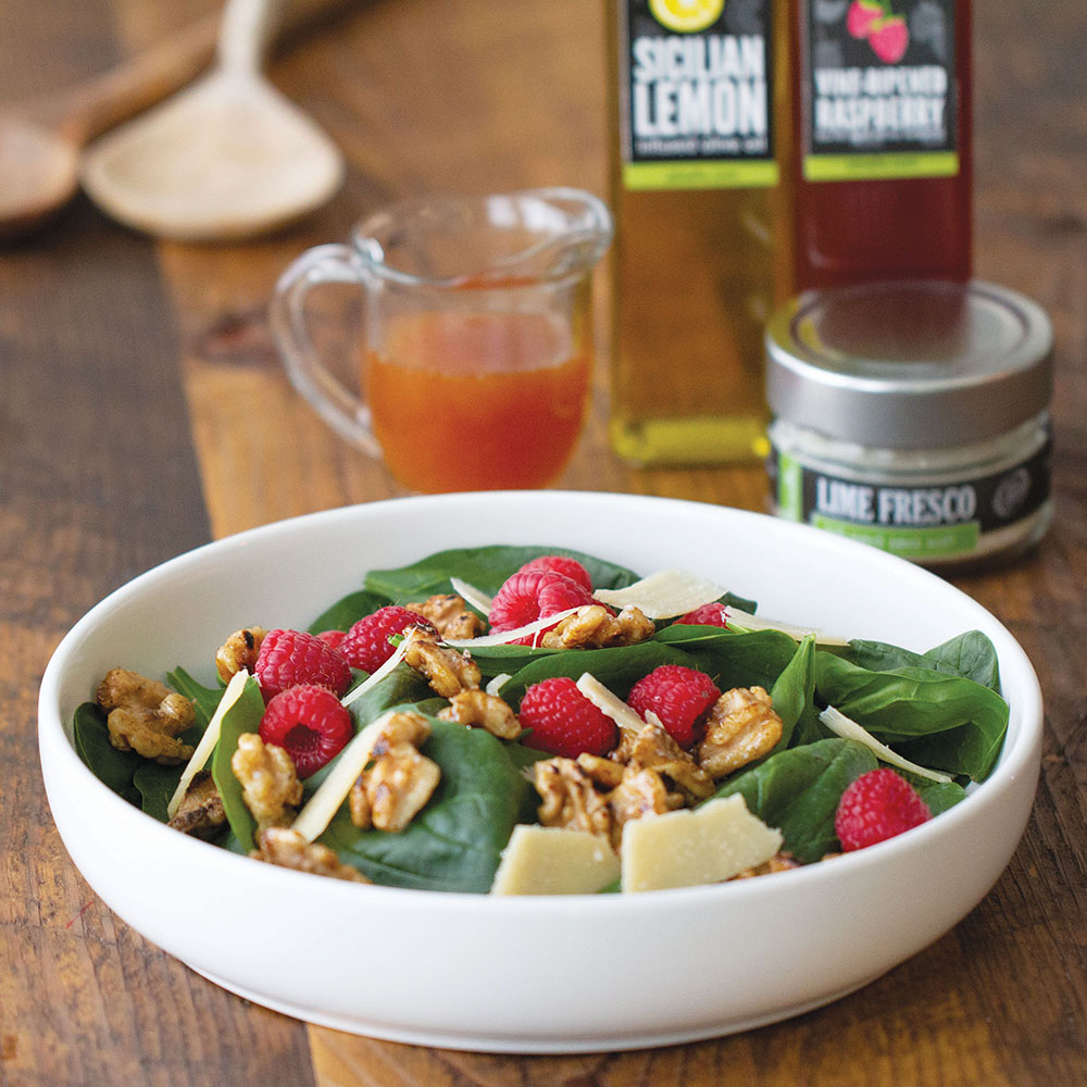 Raspberry Spinach Salad With Balsamic Caramelized Nuts