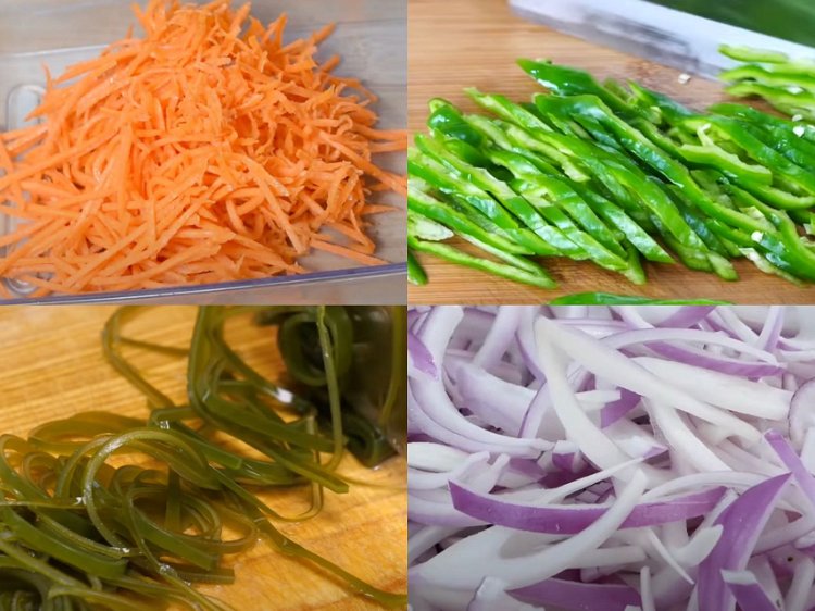 Image of Preparar cenouras, cebolas, pimenta verde e algas em forma juliana.
