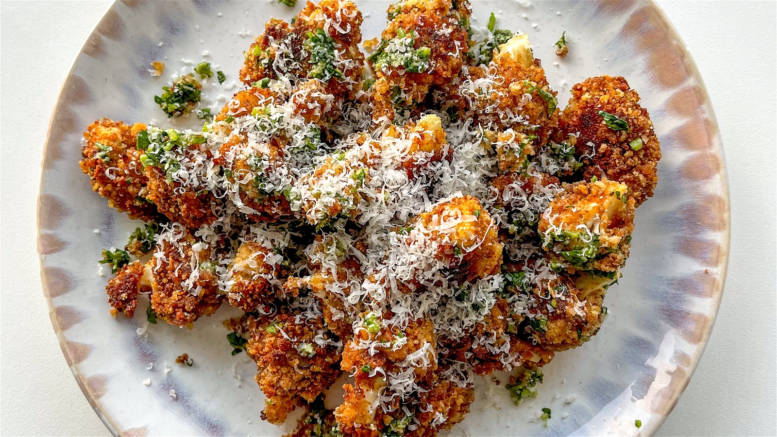 Spicy Crunchy Cauliflower Bites with Parmesan Chimichurri