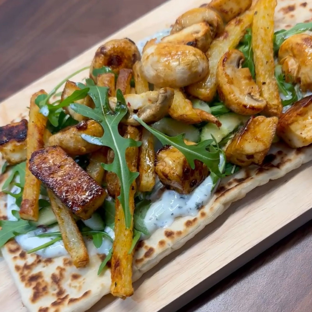 Mushroom & Halloumi Gyros With Homemade Chips And Tzatziki 