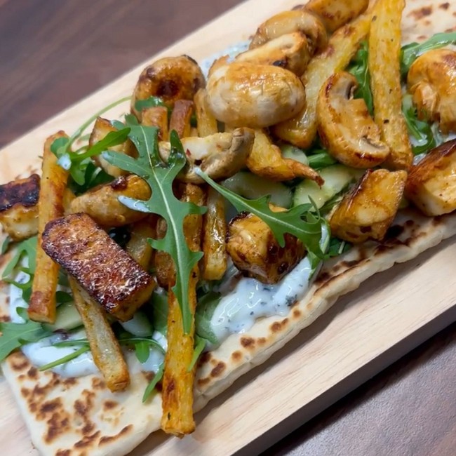 Image of Mushroom & Halloumi Gyros With Homemade Chips And Tzatziki