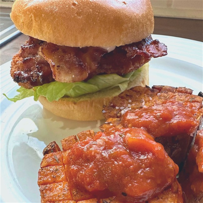 Image of Hot honey chicken & maple bacon burger
