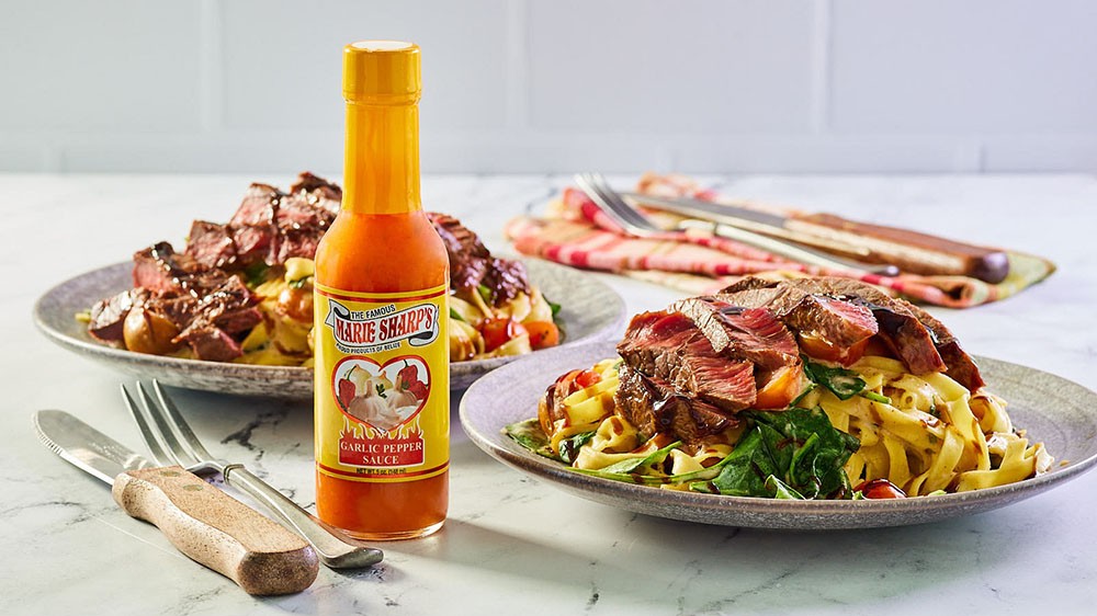 Image of Steak and Fettuccine with Marie Sharp’s Garlic Habanero Pepper Sauce