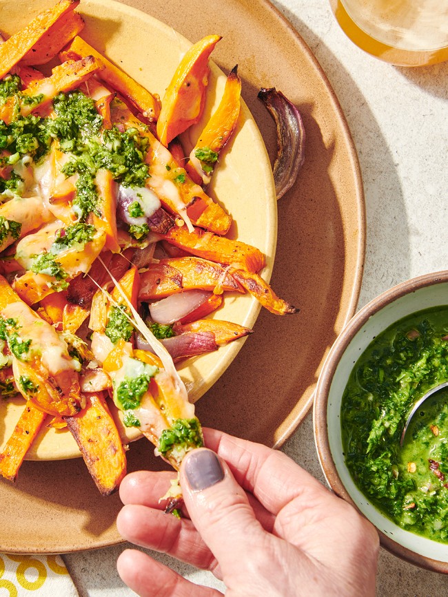 Image of Roasted Sweet Potato Poutine with Chimichurri