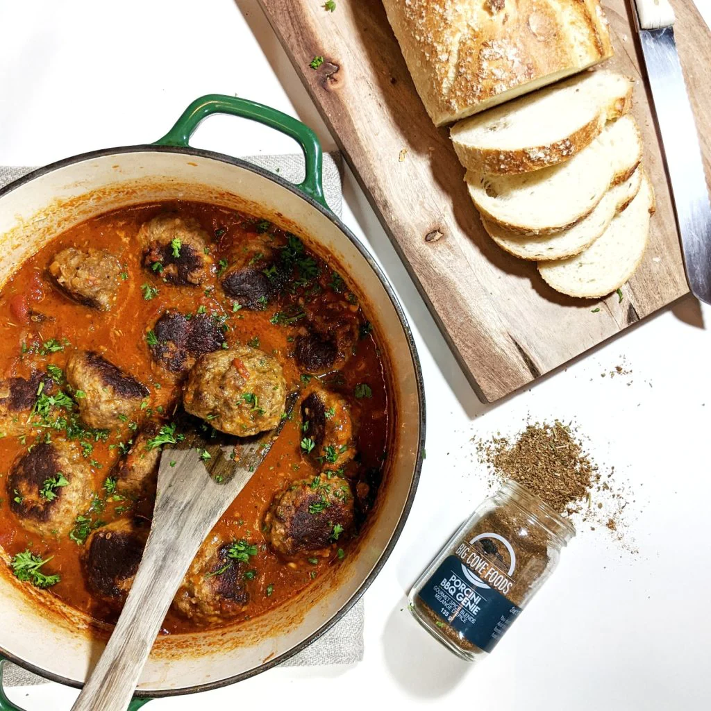 Porcini Genie Meatballs in Tomato Broth