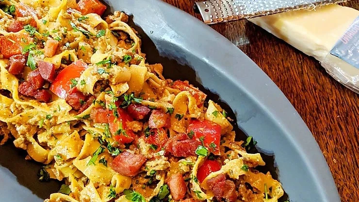 Image of Creamy Porcini Pappardelle with Crispy Pork and Red Pepper